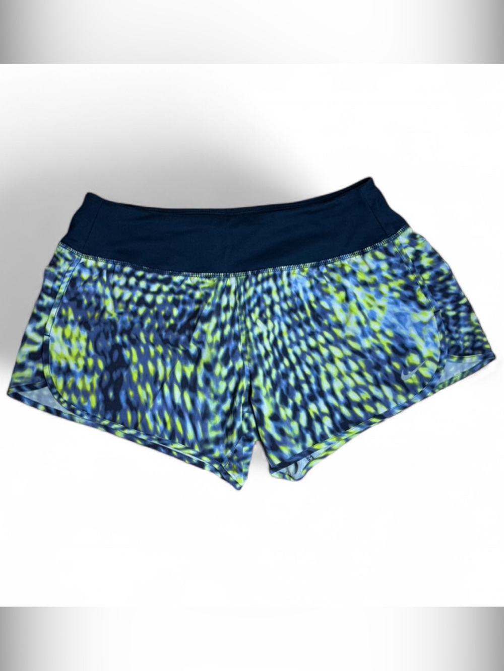 Nike Dri-FIT Running Shorts Size S – Navy Obsidian & Volt Geometric Print